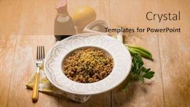  Presentation with soy sauce - Audience pleasing slide deck consisting of barley risotto with soy sauce leek and grated lemon peel backdrop and a coral colored foreground