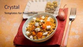  Presentation with feta cheese - Presentation design featuring barley salad with feta cheese anchovy capers and olives background and a coral colored foreground