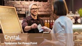  Presentation with mobile payment app business technology - Audience pleasing presentation theme consisting of barman and woman paying money backdrop and a coral colored foreground