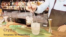  Presentation with drinking glass - Audience pleasing PPT theme consisting of barman-is-putting-ice-ball backdrop and a yellow colored foreground