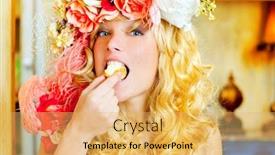  Presentation with baroque - PPT layouts with baroque fashion blonde woman eating bagel with flowers hat background and a yellow colored foreground