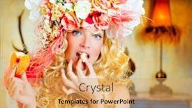  Presentation with baroque - Slide deck featuring baroque fashion blonde woman eating bagel with flowers hat background and a yellow colored foreground