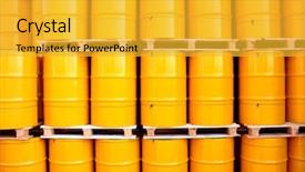 Presentation with drums - Audience pleasing PPT layouts consisting of barrel - yellow oil drums backdrop and a gold colored foreground