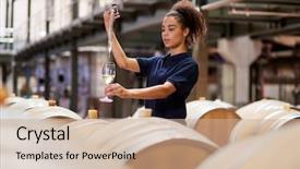  Presentation with wine barrel - Colorful slide deck enhanced with barrel - young woman testing wine backdrop and a coral colored foreground