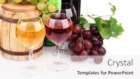  Presentation with wine barrel - Cool new PPT theme with barrel bottles and glasses of wine grapes isolated on white backdrop and a white colored foreground