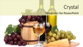  Presentation with wine barrel - Audience pleasing slide deck consisting of barrel bottles and glasses of wine cheese and grapes isolated on white backdrop and a blonde colored foreground