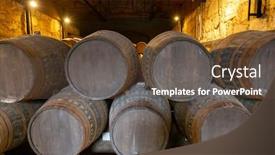  Presentation with cellar - Audience pleasing slide set consisting of barrel filled with port wine in a stack in a wine cellar in porto backdrop and a tawny brown colored foreground