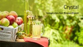  Presentation with cider - Slide set consisting of barrel outdoor shot on garden background and a yellow colored foreground
