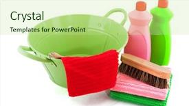  Presentation with cleaning - PPT theme with barrel-with-cleaning-products-isolated background and a mint green colored foreground