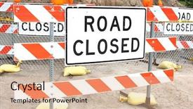  Presentation with closed - Amazing PPT theme having barricade - road closed sign backdrop and a lemonade colored foreground