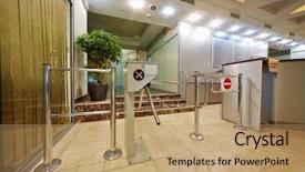  Presentation with leafy produce - Colorful PPT theme enhanced with barrier gate - entrance equipped with tripod-turnstile backdrop and a coral colored foreground