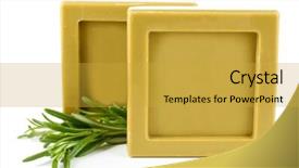  Presentation with natural soap - Theme featuring bars of natural soap with rosemary oil isolated on white background and a gold colored foreground
