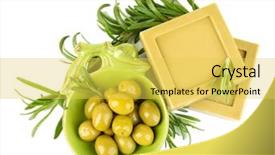  Presentation with natural soap - Cool new PPT theme with bars of natural soap with rosemary and olive oil isolated on white backdrop and a yellow colored foreground