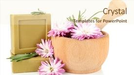  Presentation with natural soap - PPT layouts enhanced with bars of natural soap and wooden mortar with fresh herbs and flowers isolated on white background and a cream colored foreground