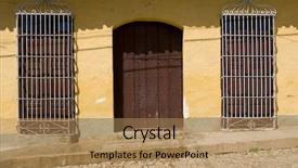  Presentation with colonial - PPT theme enhanced with bars window - entrance to a spanish colonial background and a coral colored foreground