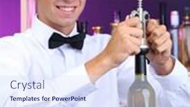  Presentation with bartender - Colorful presentation design enhanced with bartender opens bottle of wine backdrop and a sky blue colored foreground