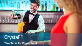  Presentation with bartender - PPT theme with bartender pouring cocktail in glass for customer at bar counter background and a ocean colored foreground