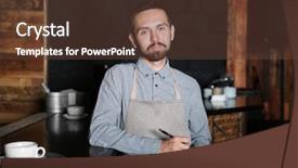  Presentation with bartender - Theme with bartender with notebook and pen standing near wooden bar counter background and a tawny brown colored foreground