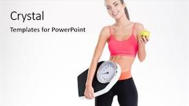  Presentation with weighing scale - Amazing slide set having bascula - cheerful beautiful young fitness woman backdrop and a  colored foreground