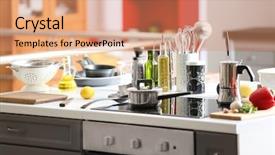  Presentation with cooking - Presentation featuring bascula - kitchenware prepared for cooking classes background and a coral colored foreground