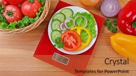  Presentation with vegetables - Presentation theme having bascula - plate with sliced fresh vegetables background and a coral colored foreground