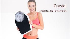  Presentation with weighing scale - PPT theme having bascula - smiling positive young fitness woman background and a lemonade colored foreground