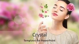  Presentation with flower woman - Amazing presentation design having base oil - beautiful young woman spraying perfume backdrop and a lemonade colored foreground