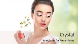  Presentation with flower woman - Colorful presentation theme enhanced with base oil - beautiful young woman spraying perfume backdrop and a lemonade colored foreground
