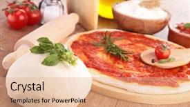  Presentation with base - Colorful slide set enhanced with base oil - pizza dough with tomato sauce backdrop and a  colored foreground