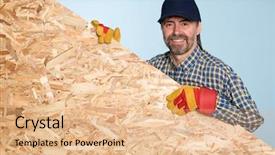  Presentation with plywood and flushdoor - Audience pleasing theme consisting of baseball presentation - cheerful carpenter holds a sheet backdrop and a  colored foreground