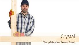  Presentation with distribution boards - PPT theme with baseball presentation - smiling carpenter holding the boards background and a  colored foreground
