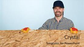  Presentation with plywood and flushdoor - Presentation theme having baseball presentation - smiling carpenter holds a sheet background and a  colored foreground