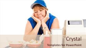  Presentation with container fast food packaging - Audience pleasing PPT theme consisting of baseball restaurant - mature adult fast food worker backdrop and a lemonade colored foreground