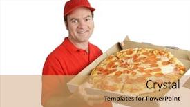  Presentation with pizza delivery - PPT theme consisting of baseball restaurant - pizza delivery man holding background and a coral colored foreground