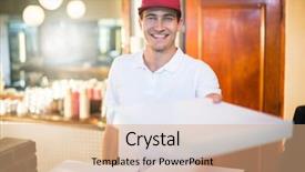  Presentation with pizza delivery - PPT layouts with baseball restaurant - portrait of pizza delivery man background and a coral colored foreground