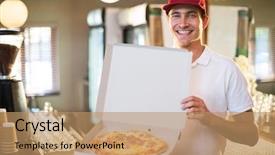  Presentation with pizza delivery - Theme having baseball restaurant - portrait of pizza delivery man background and a  colored foreground