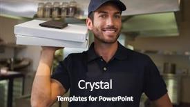  Presentation with pizza delivery - Cool new slide deck with baseball restaurant - smiling pizza delivery man holding backdrop and a dark gray colored foreground