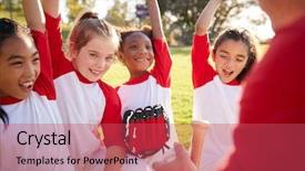  Presentation with baseball team - Amazing slide deck having baseball team in a huddle backdrop and a red colored foreground