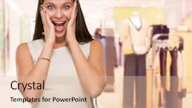  Presentation with indoor playgroung - Cool new presentation design with bash - beautiful surprised young woman indoor backdrop and a  colored foreground