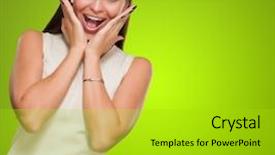  Presentation with green - Presentation theme having bash - portrait of surprised woman background and a gold colored foreground