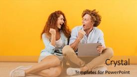  Presentation with love between man and woman - Colorful slide deck enhanced with basic computer - image of pleased lovely couple backdrop and a  colored foreground