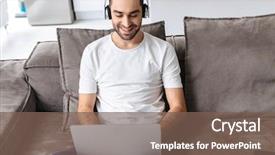  Presentation with photo - Slide deck enhanced with basic computer - photo of content guy 30s background and a violet colored foreground