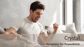  Presentation with online shopping - Slide set featuring basic computer - photo of delighted guy 30s background and a mint green colored foreground