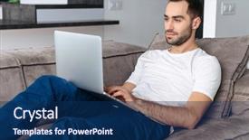  Presentation with photo - Audience pleasing slide deck consisting of basic computer - photo of european guy 30s backdrop and a navy blue colored foreground