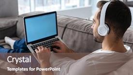  Presentation with modern - Slide set featuring basic computer - photo of modern guy 30s background and a violet colored foreground