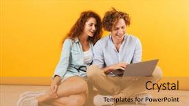  Presentation with table of content - PPT layouts enhanced with basic computer - photo of young content couple background and a  colored foreground