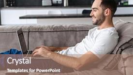  Presentation with photo - Amazing PPT theme having basic computer - photo of young guy 30s backdrop and a coral colored foreground