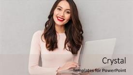  Presentation with portrait of excited overjoyed female - Slide set featuring basic computer - portrait of smart female 30s background and a mint green colored foreground