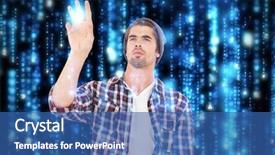  Presentation with falling line - Cool new presentation design with basic electrinic - man gesturing against white background backdrop and a ocean colored foreground