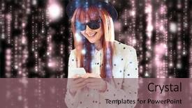  Presentation with smartphone - Audience pleasing presentation consisting of basic electrinic - smiling hipster woman texting backdrop and a violet colored foreground